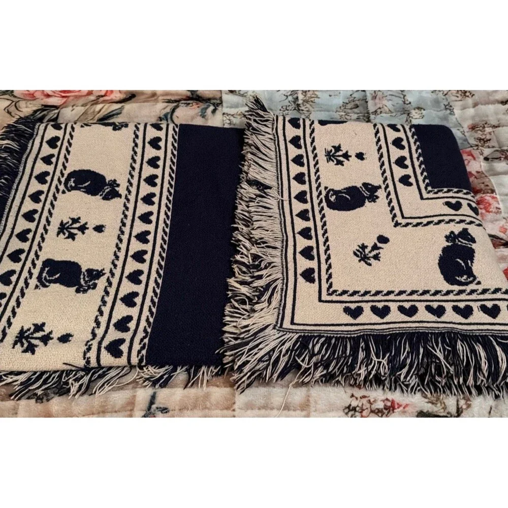Vtg Cat Throw Blanket Woven Cotton Blue Cream Heart Reversible Grandmacore 45x66